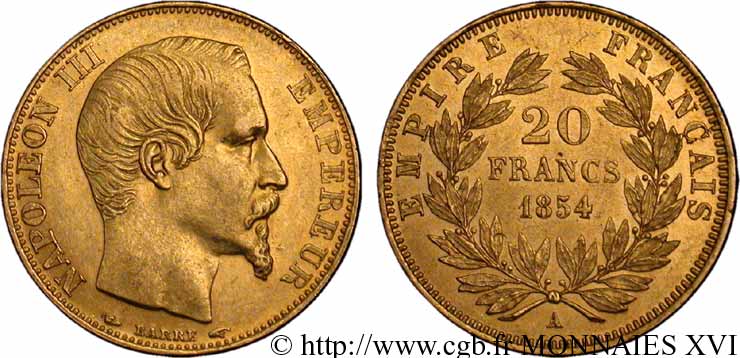 20 francs or Napoléon III, tête nue 1854 Paris F.531/2 EBC 