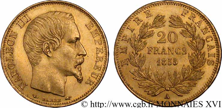 20 francs or Napoléon III, tête nue, différent levrette 1855 Paris F.531/3 SUP 