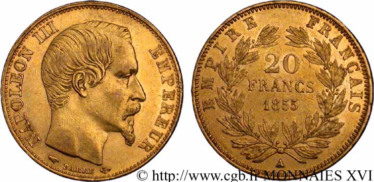 20 francs or Napoléon III, tête nue 1855 Paris F.531/4 EBC 