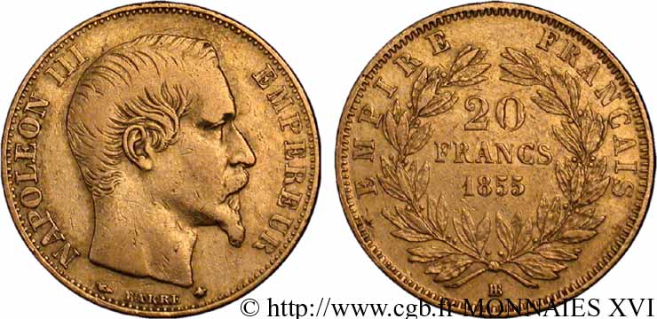 20 francs or Napoléon III, tête nue 1855 Strasbourg F.531/5 VF 
