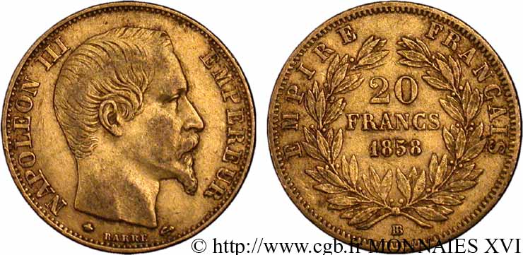 20 francs or Napoléon III, tête nue 1858 Strasbourg F.531/14 BB 