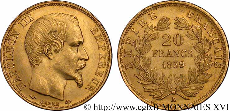 20 francs or Napoléon III, tête nue 1859 Paris F.531/15 EBC 