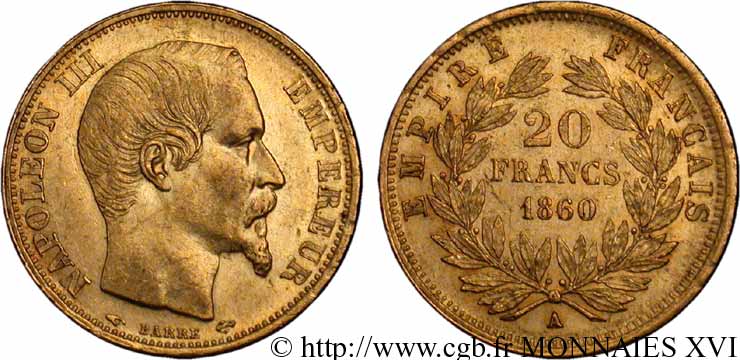 20 francs or Napoléon III, tête nue 1860 Paris F.531/18 EBC 