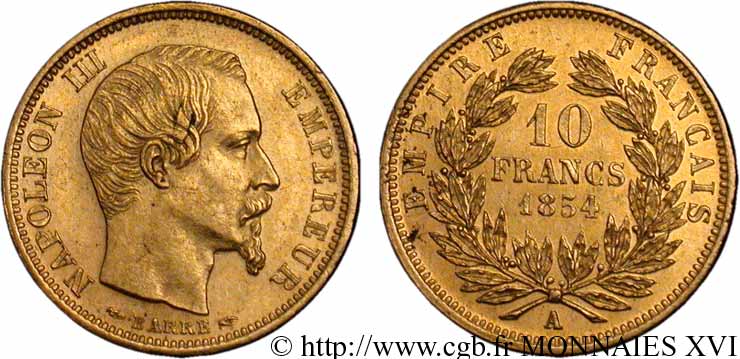 10 francs or Napoléon III tête nue, petit module 1854 Paris F.505/1 EBC 