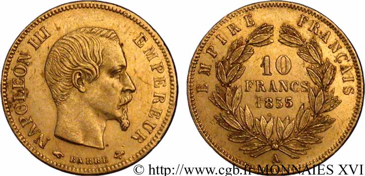10 francs Napoléon III tête nue, grand module 1855 Paris F.506/1 EBC 