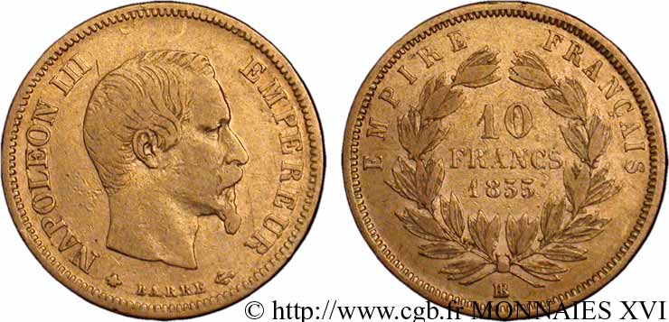 10 francs Napoléon III tête nue, grand module 1855 Strasbourg F.506/2 VF 
