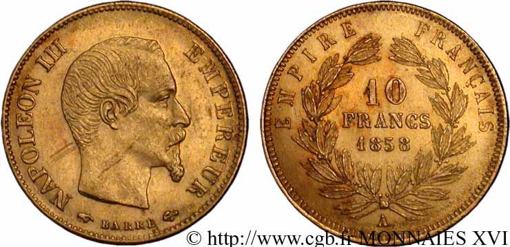 10 francs Napoléon III tête nue, grand module 1858 Paris F.506/5 EBC 