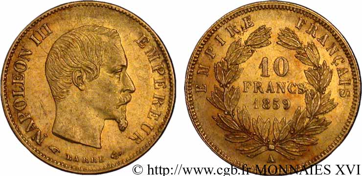 10 francs Napoléon III tête nue, grand module 1859 Paris F.506/7 VZ 