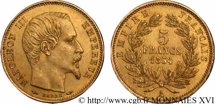 5 francs or Napoléon III tête nue, petit module 1854 Paris F.500/1 EBC 
