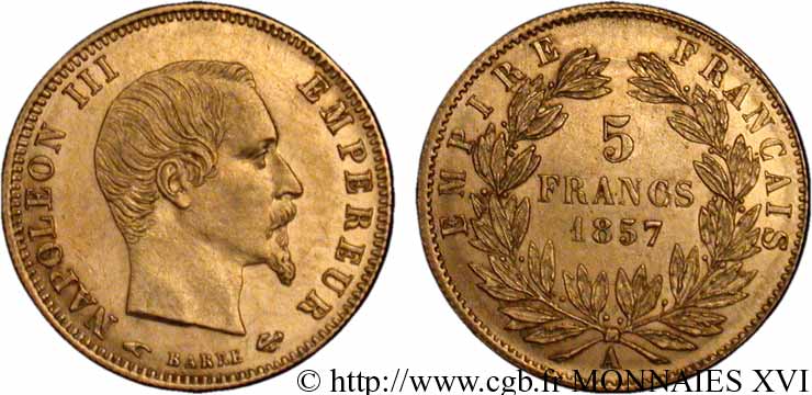 5 francs or Napoléon III tête nue, grand module 1857 Paris F.501/4 SPL 