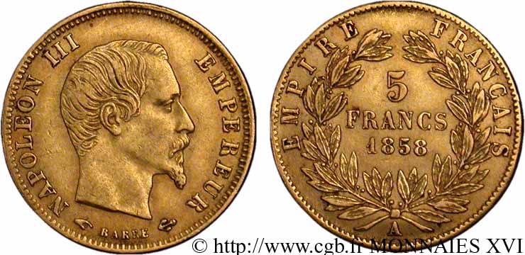 5 francs or Napoléon III tête nue, grand module 1858 Paris F.501/5 BB 