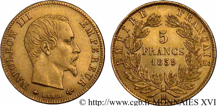 5 francs or Napoléon III, tête nue, grand module 1859 Strasbourg F.501/8 EBC 