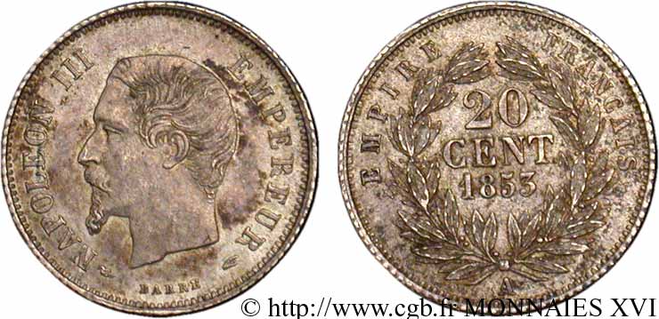 20 centimes Napoléon III, tête nue 1853 Paris F.148/1 SUP 
