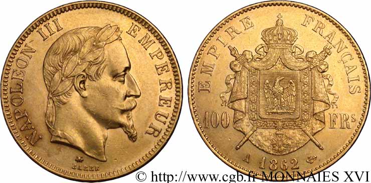 100 francs or Napoléon III, tête laurée 1862 Paris F.551/1 VZ 