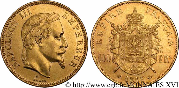 100 francs or Napoléon III, tête laurée 1863 Strasbourg F.551/3 SUP 