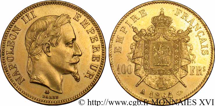 100 francs or Napoléon III, tête laurée 1864 Paris F.551/4 EBC 
