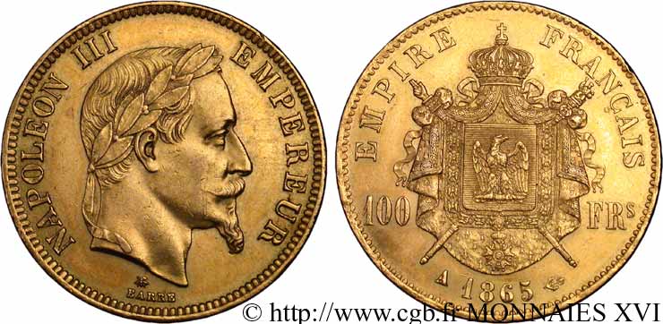 100 francs or Napoléon III, tête laurée 1865 Paris F.551/5 SUP 
