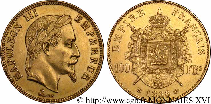 100 francs or Napoléon III tête laurée 1866 Strasbourg F.551/7 AU 
