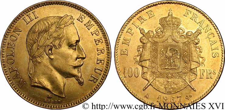 100 francs or Napoléon III, tête laurée 1867 Paris F.551/8 SPL 