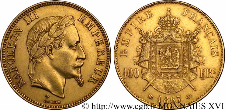 100 francs or Napoléon III, tête laurée 1867 Strasbourg F.551/9 BB 