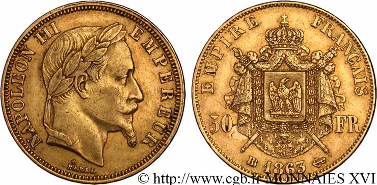 50 francs or Napoléon III, tête laurée 1863 Strasbourg F.548/3 XF 