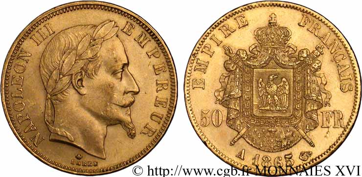 50 francs or Napoléon III, tête laurée 1865 Paris F.548/5 VZ 