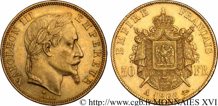 50 francs or Napoléon III, tête laurée 1866 Paris F.548/6 VZ 