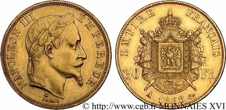 50 francs or Napoléon III, tête laurée 1868 Paris F.548/10 XF 
