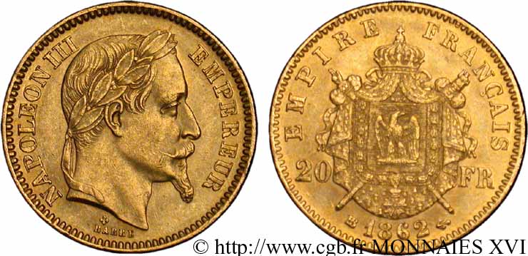 20 francs or Napoléon III, tête laurée 1862 Strasbourg F.532/5 EBC 