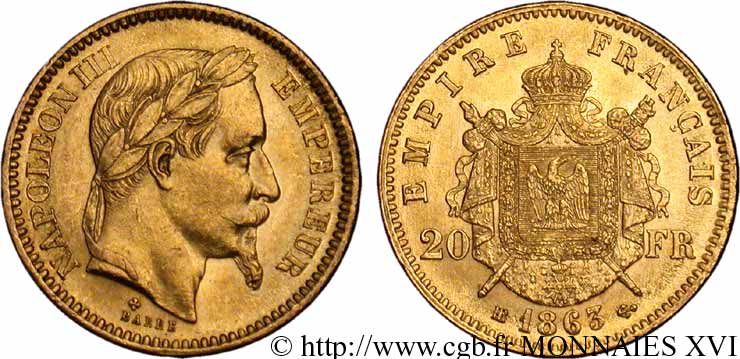 20 francs or Napoléon III, tête laurée 1863 Strasbourg F.532/7 SPL 