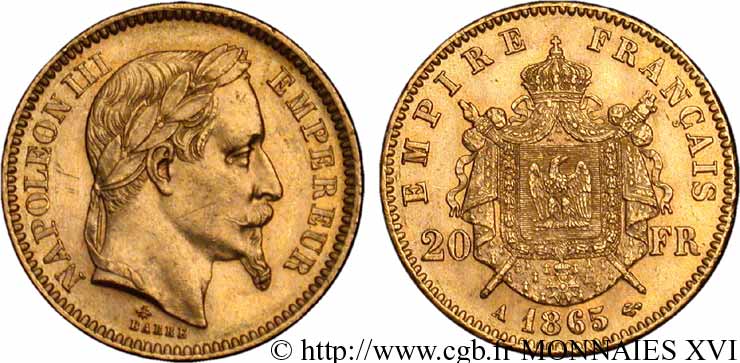 20 francs or Napoléon III, tête laurée 1865 Paris F.532/11 SUP 