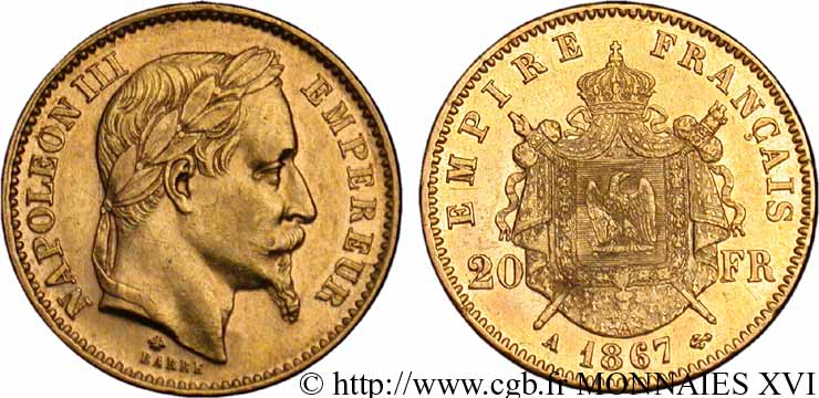 20 francs or Napoléon III, tête laurée 1867 Paris F.532/15 VZ 