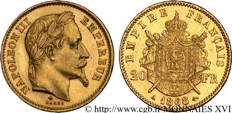 20 francs or Napoléon III, tête laurée 1868 Paris F.532/18 EBC 