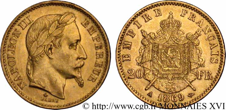 20 francs or Napoléon III, tête laurée 1869 Paris F.532/20 AU 