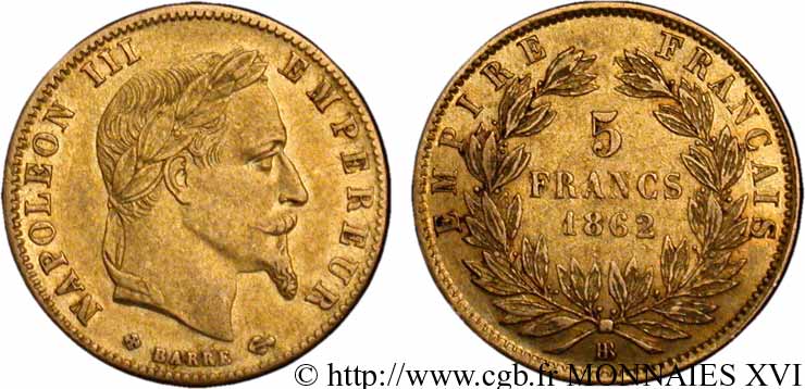 5 francs or Napoléon III, tête laurée 1862 Strasbourg F.502/2 BB 