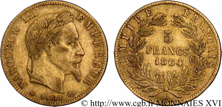 5 francs or Napoléon III, tête laurée 1864 Strasbourg F.502/6 TTB 