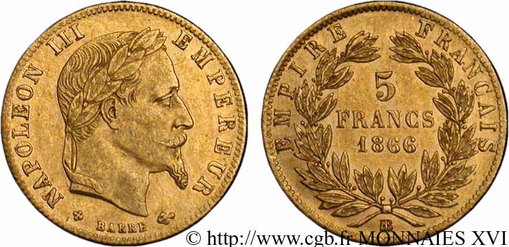 5 francs or Napoléon III, tête laurée 1866 Strasbourg F.502/10 BB 