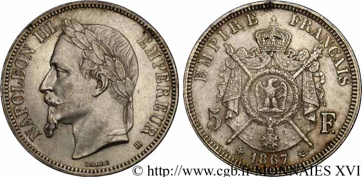 5 francs Napoléon III, tête laurée 1867 Strasbourg F.331/11 VZ 