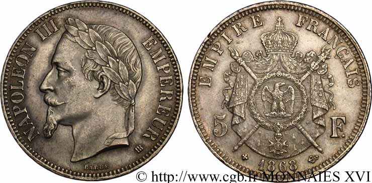 5 francs Napoléon III, tête laurée 1868 Strasbourg F.331/12 EBC 