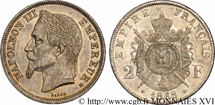 2 francs Napoléon III tête laurée  1868 Strasbourg F.263/9 AU 