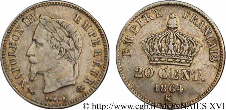 20 centimes Napoléon III tête laurée, petit module 1864 Bordeaux F.149/3 SS 