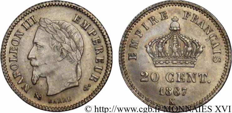 20 centimes Napoléon III tête laurée, grand module 1867 Bordeaux F.150/3 AU 