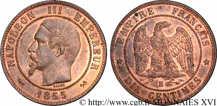 10 Centimes Napoléon III, tête nue 1855 Rouen F.133/21 EBC 