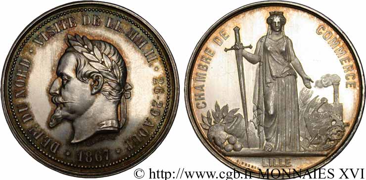 SECOND EMPIRE Médaille de la visite de leurs Majestés Impériales à la Chambre de commerce de Lille du 26 au 29 août 1867 SPL