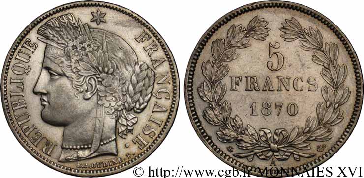 5 francs Cérès sans légende 1870  Paris F.332/1 SPL 