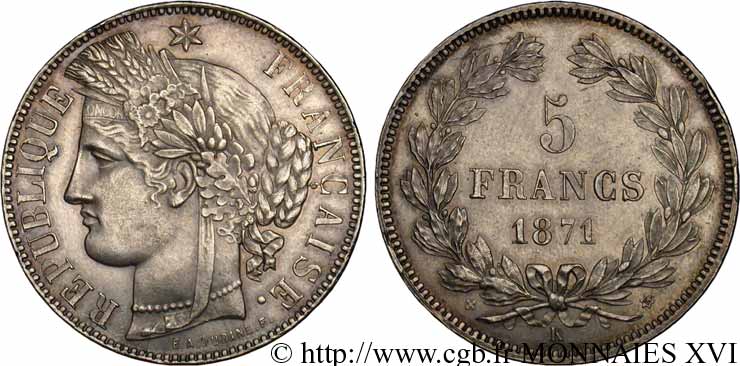 5 francs Cérès sans légende 1871 Bordeaux F.332/8 AU 