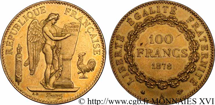 100 francs génie, tranche inscrite en relief Dieu protège la France 1878 Paris F.552/1 VZ 