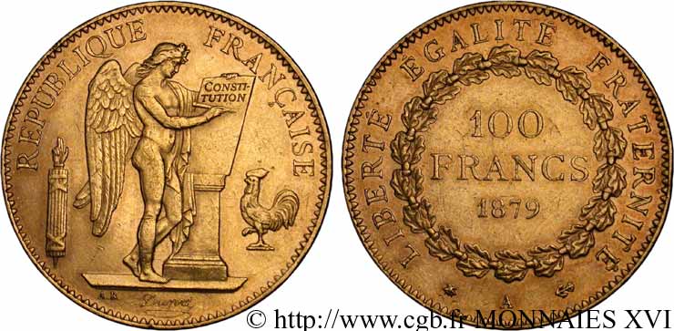 100 francs génie, tranche inscrite en relief Dieu protège la France 1879 Paris F.552/3 VZ 