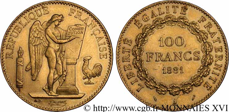 100 francs or Génie, tranche inscrite en relief Dieu protège la France 1881 Paris F.552/4 VZ 