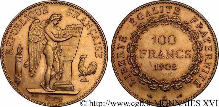 100 francs génie, tranche inscrite en relief liberté égalité fraternité 1908 Paris F.553/2 EBC 
